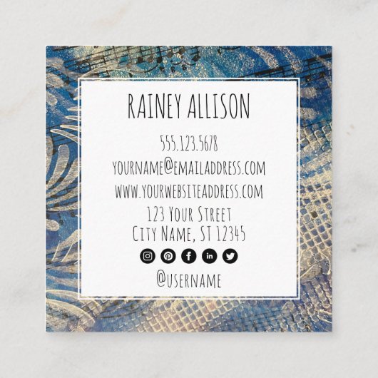 ソーシャル芸術的アイコファンキーン付きブルーミュージックテーマ スクエア名刺 (裏面)