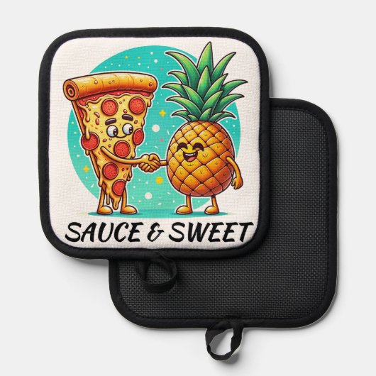 ソースおもしろいと甘いオーブンミットとポットホルダー 鍋敷き (正面/裏面)