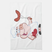 ソーセージのフォークを持つ幸せなブタのシェフ キッチンタオル (縦)