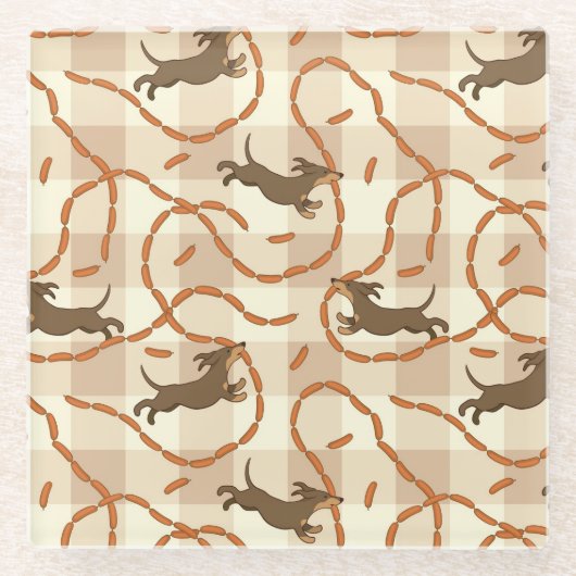 ソーセージの背景を持つ幸運な犬 ガラスコースター (正面)