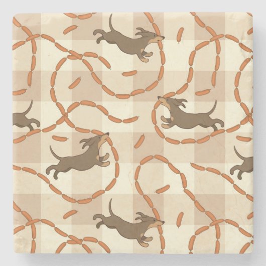 ソーセージの背景を持つ幸運な犬 ストーンコースター (正面)