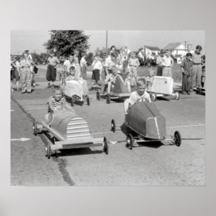 ソープボックスダービー、1940年。ヴィンテージ写真 ポスター