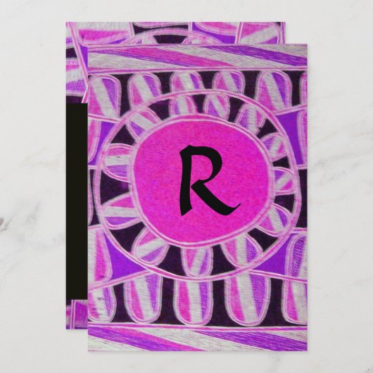 ソーラーモノグラム、明るいピンク 紫 黒 白 招待状 (正面/裏面)