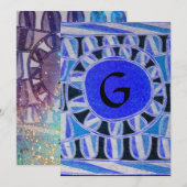 ソーラーモノグラム、明るい青ターコイズブラックホワイト 招待状 (正面/裏面)