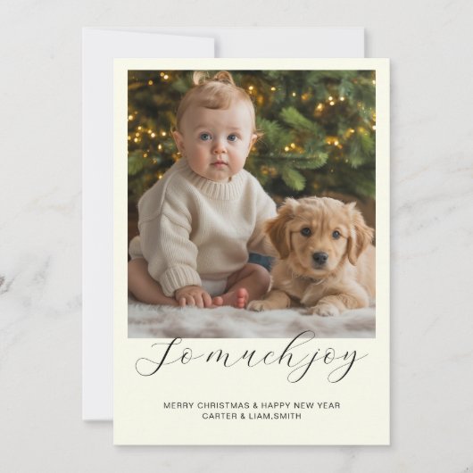 「ソー・マッチ・ジョイ」カスタムクリスマスカード(赤ちゃんの写真付き) シーズンカード (正面)
