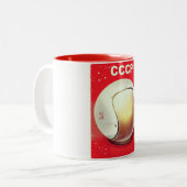 ソ連のレトロな赤い宇宙ポスター CCCP ツートーンマグカップ (正面左)