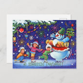 ソ連の氷スケートで滑るキッズとハッピー雪だるま ポストカード (正面/裏面)