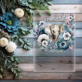 ゾウああ赤ちゃんブルーフローラ赤ちゃんシャワー アクリル招待状