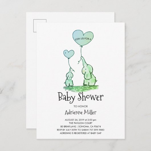 ゾウお洒落と風船の男の赤ちゃん インビテーションポストカード (正面/裏面)