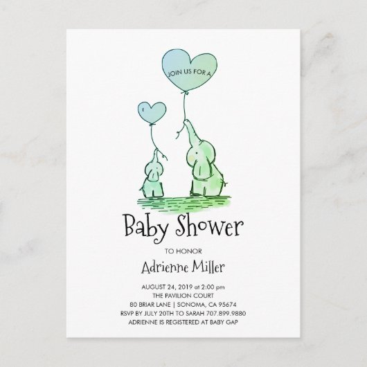 ゾウお洒落と風船の男の赤ちゃん インビテーションポストカード (正面)