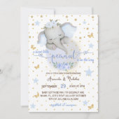 ゾウかわいい植物性エレガント男の赤ちゃんシャワー 招待状 (正面)