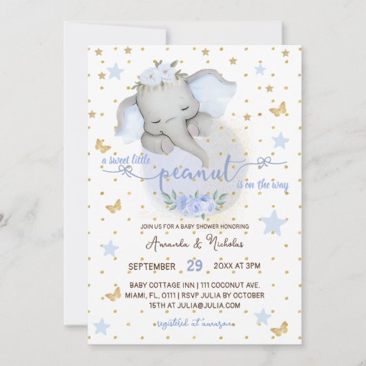 ゾウかわいい植物性エレガント男の赤ちゃんシャワー 招待状 (正面)