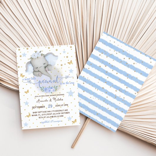 ゾウかわいい植物性エレガント男の赤ちゃんシャワー 招待状