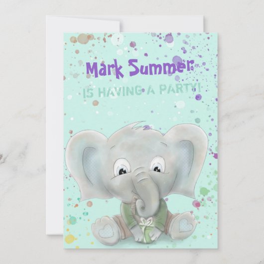 ゾウかわいい男の赤ちゃん誕生日の招待状 案内状 (裏面)