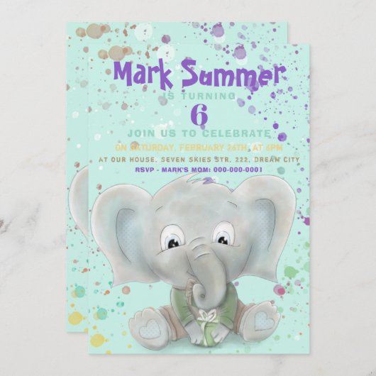 ゾウかわいい男の赤ちゃん誕生日の招待状 案内状 (正面/裏面)