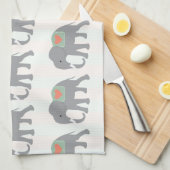 ゾウかわいらしンコーラルピーチミントグリーンストライプの キッチンタオル (四つ折り)