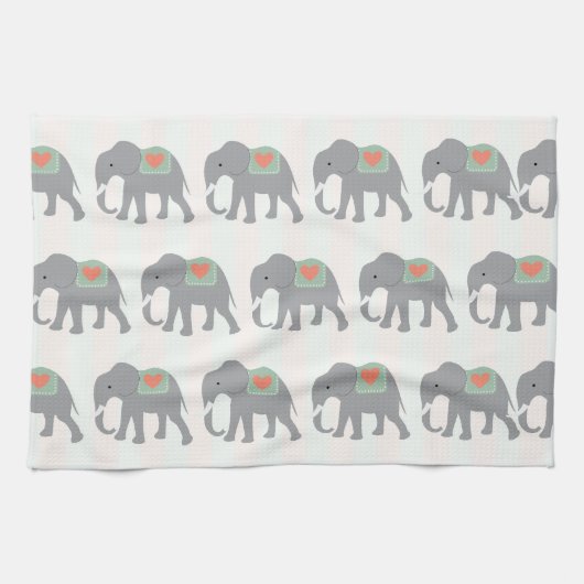 ゾウかわいらしンコーラルピーチミントグリーンストライプの キッチンタオル (横)