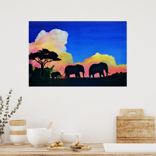 ゾウが夕暮れ ポスター (キッチン)