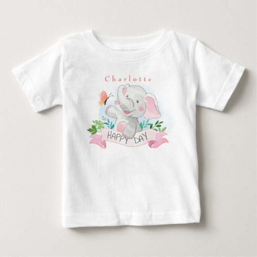 ゾウさんと蝶の屋外遊びをパーソナライズしよう ベビーTシャツ (正面)