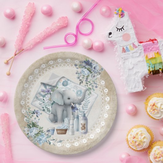 ゾウとほこりっぽい青い花の男の子シャワー ペーパープレート (パーティー)