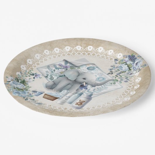 ゾウとほこりっぽい青い花の男の子シャワー ペーパープレート (アングル)