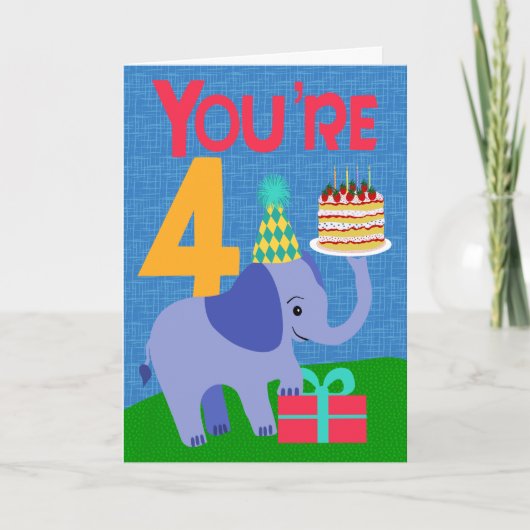 ゾウとケーキの4歳の誕生日 カード (正面)