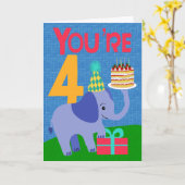 ゾウとケーキの4歳の誕生日 カード (黄色い花)