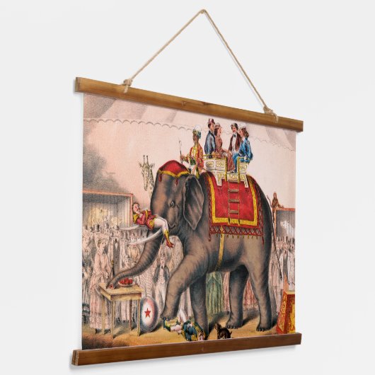 ゾウとサーカスの演技をする男性。 吊り下げ型タペストリー (傾斜あり)