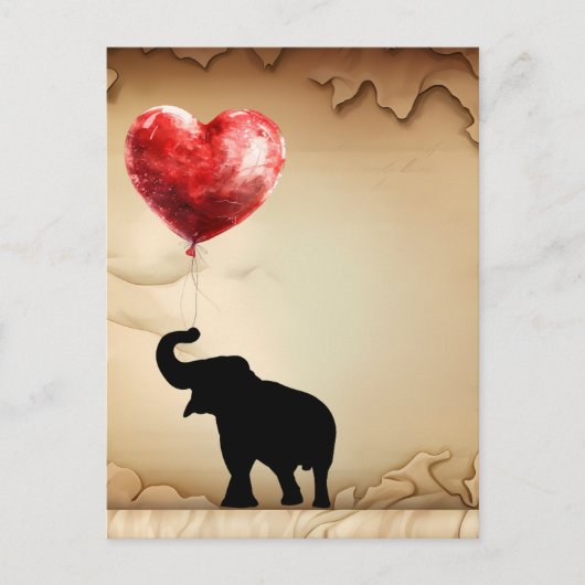ゾウとハート型の風船バレンタイン ポストカード (正面)