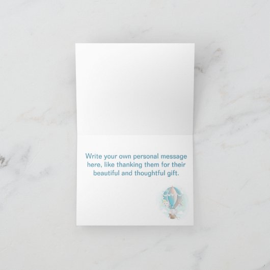 ゾウとバニーの熱気球の赤ちゃんシャワー サンキューカード (内部)