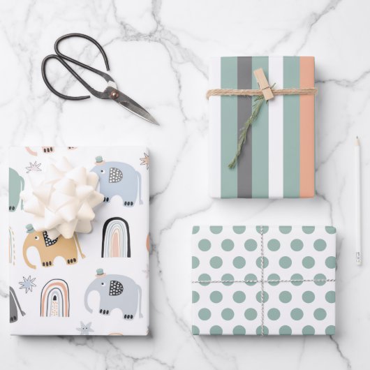 ゾウとレインボウラッピング紙セット ラッピングペーパーシート (正面)