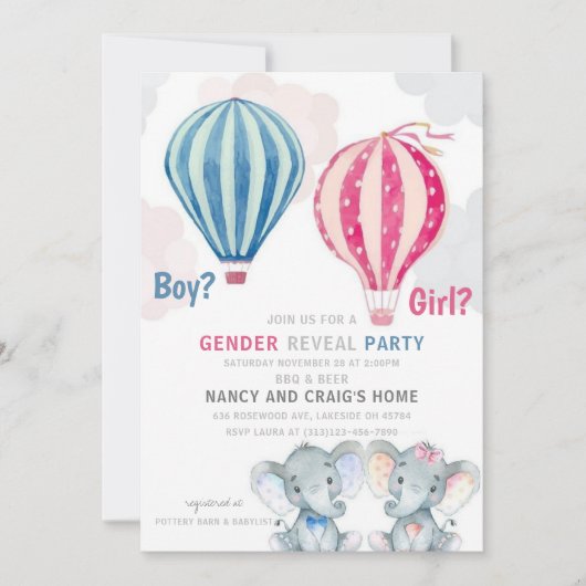 ゾウと熱気球の性別がパーティーを明らかにする 招待状 (正面)