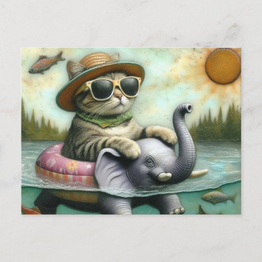 ゾウに乗って魚をジャンプする愛らしい猫 ポストカード (正面)