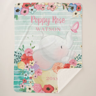 ゾウのシェルパ花と毛布+名前をカスタムする シェルパブランケット