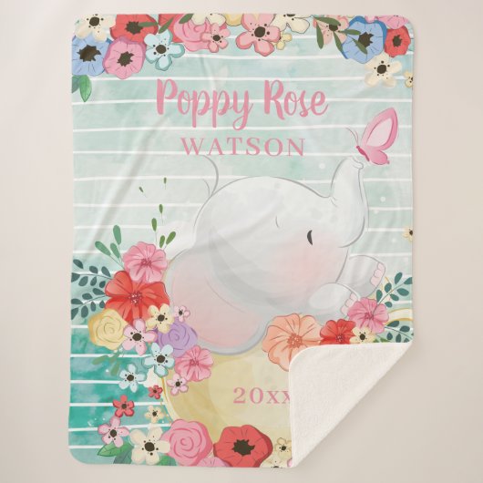 ゾウのシェルパ花と毛布+名前をカスタムする シェルパブランケット (正面)
