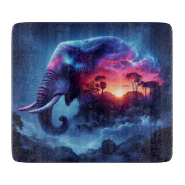 ゾウのシルエットと日の入り鮮やかとの融合 カッティングボード