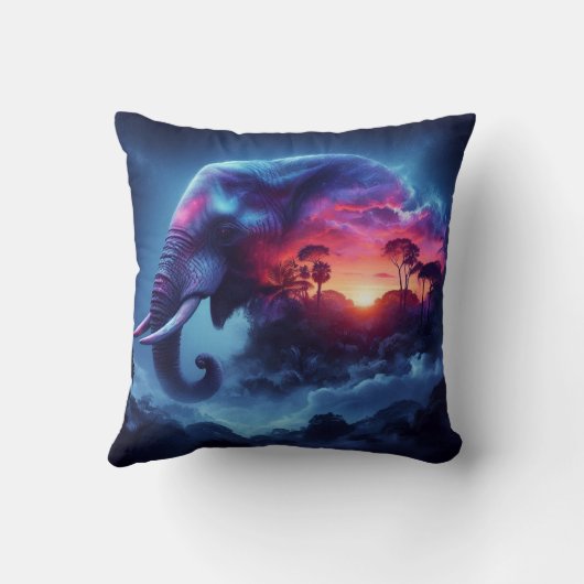 ゾウのシルエットと日の入り鮮やかとの融合 クッション (裏面)