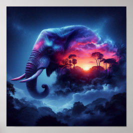 ゾウのシルエットと日の入り鮮やかとの融合 ポスター