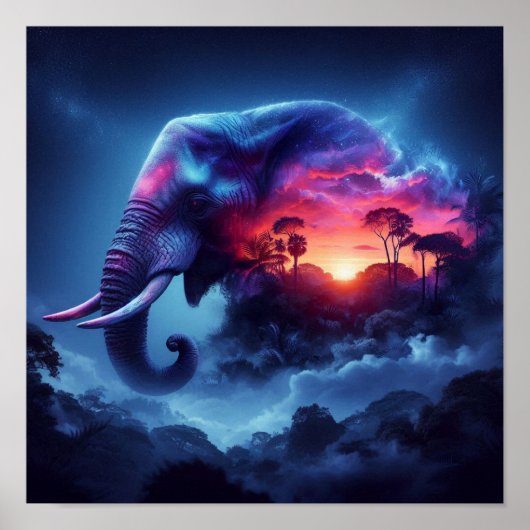 ゾウのシルエットと日の入り鮮やかとの融合 ポスター (正面)