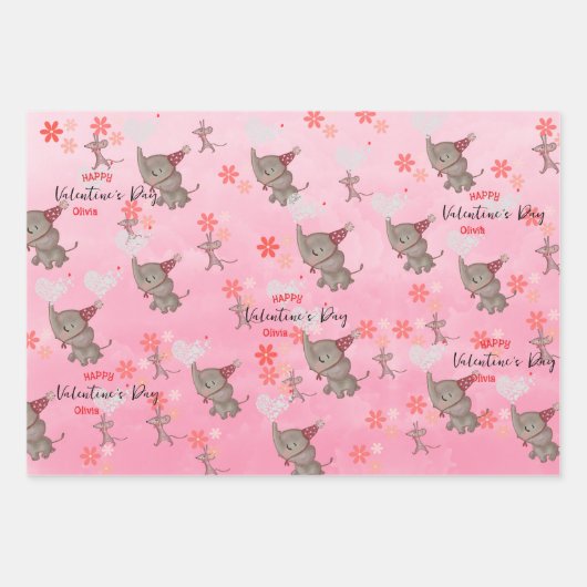 ゾウのネズミと猫とミツバチのピンクの包み紙 ラッピングペーパーシート (正面)