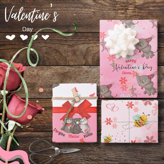 ゾウのネズミと猫とミツバチのピンクの包み紙 ラッピングペーパーシート