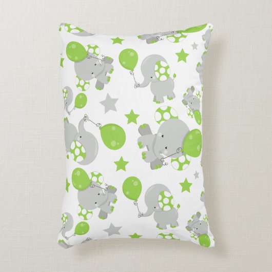 ゾウのパターン、かわいいゾウ – 緑の灰色 アクセントクッション (正面(垂直))