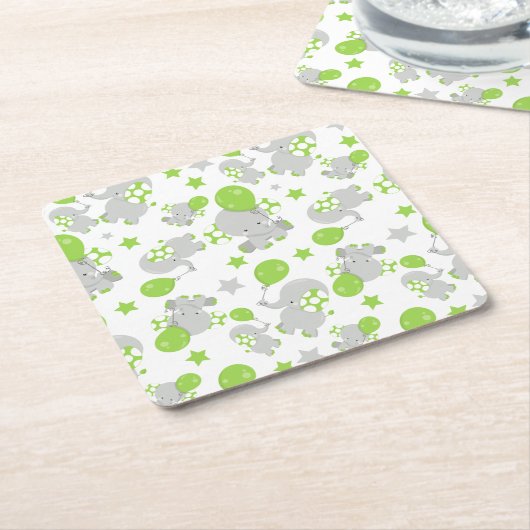 ゾウのパターン、かわいいゾウ – 緑の灰色 スクエアペーパーコースター (アングル)