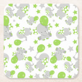 ゾウのパターン、かわいいゾウ – 緑の灰色 スクエアペーパーコースター (正面)