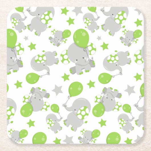 ゾウのパターン、かわいいゾウ – 緑の灰色 スクエアペーパーコースター (正面)