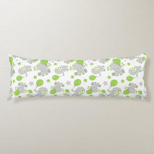 ゾウのパターン、かわいいゾウ – 緑の灰色 ボディピロー (正面)
