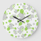 ゾウのパターン、かわいいゾウ – 緑の灰色 ラージ壁時計 (正面)