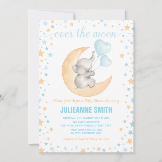 ゾウのベビーが月のシャワーで寝る 招待状 (正面)