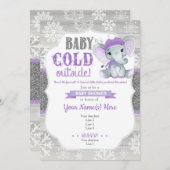 ゾウの冬の招待状 女の子のシャワー パープル 招待状 (正面/裏面)