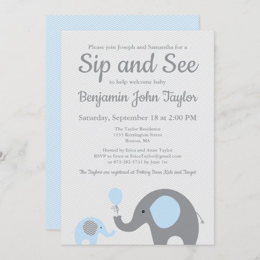 ゾウの園芸と招待状を見る青と灰色 招待状 (正面/裏面)